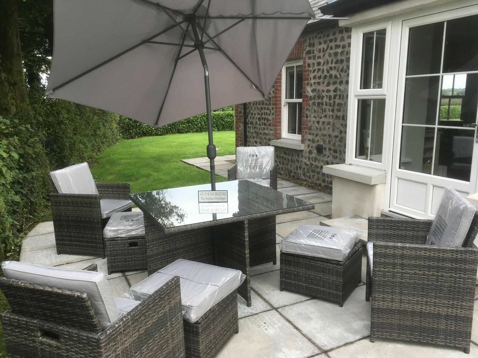 GREY RATTAN CUBE GARDEN FURNITURE SET PATIO DINING PARASOL ALUMINIUM IN STOCK