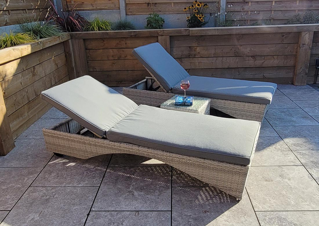 RATTAN SUN LOUNGERS WITH DRINKS TABLE - GREY - MEGHAN RANGE