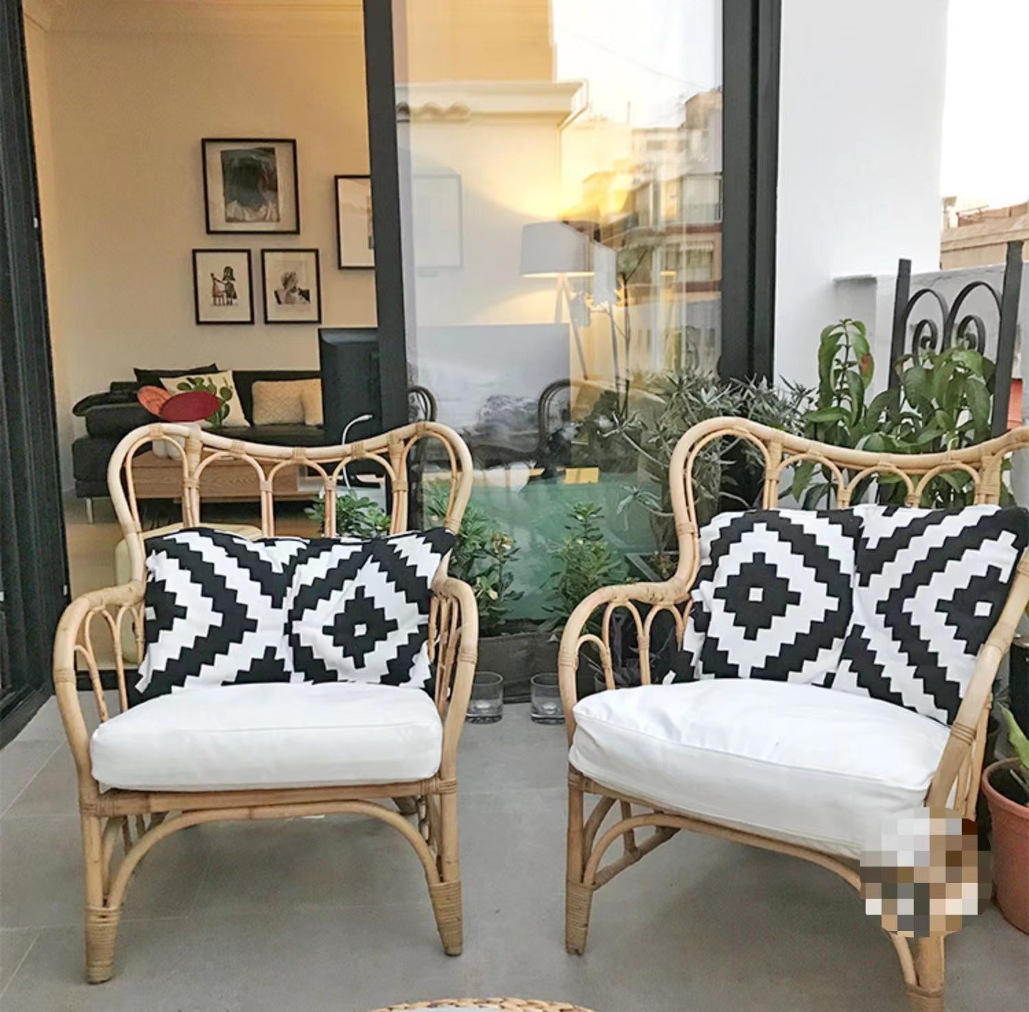 Rattan furniture bamboo sofa chair three-person small apartment outdoor balcony living room combination system IKEA home B&B table and chairs